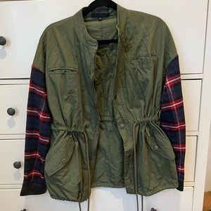 Army green jacket with flannel sleeves